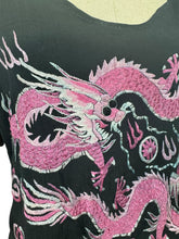 Load image into Gallery viewer, Original 1920's Black Pure Silk Top with Vibrant Silk Embroidery of Chinese Dragons in Pink and Blue - Bust 36 *