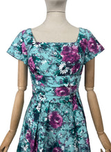 Load image into Gallery viewer, Original 1950's Marldena Model Blue Cotton Day Dress with Pink, Black, Teal and Black Floral Print and Hip Swag - Bust 35 *
