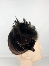 Load image into Gallery viewer, Original 1930's Dark Brown Velvet Skull Cap Hat with Large Feather Trim *