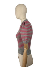 Load image into Gallery viewer, Reproduction 1940’s Hand Knitted Fair Isle Striped Jumper in Silver and Slate Rose Pink - Bust 34 36 *