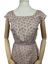 Load image into Gallery viewer, Original 1950's Pure Silk Squirrel Novelty Print Belted Wiggle Dress in Taupe and Purple - Bust 36