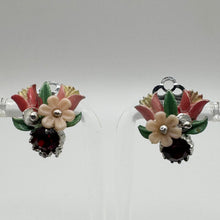 Load image into Gallery viewer, Original 1950's Mid Century Enamel Flowers Earrings with Red Paste