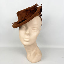 Load image into Gallery viewer, Original 1940's Rust Felt Tilt Topper Hat Trimmed with Large Felt Leaves and with a Neat Tie Back *