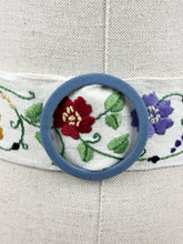 Load image into Gallery viewer, Original 1930's Embroidered Cream Linen Belt with Blue Buckle - Silk Flowers in Red, Purple, Mustard, Blue and Orange
