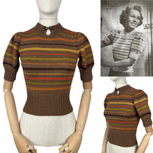 Load image into Gallery viewer, Reproduction 1930's Brown Hand Knitted Alpaca Wool Stripe Jumper with Puff Sleeves and Double Button Fastening - Bust 32 *