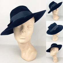 Load image into Gallery viewer, Original 1940’s Midnight Blue Fur Felt Fedora Hat with Wide Brim