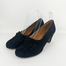 Load image into Gallery viewer, Original 1940's Black Suede Devonshire Court Shoes with Cutout Front and Bow Trim - Size 4.5
