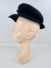 Load image into Gallery viewer, Original 1940's Inky Black Felt New York Creations Hat with Metal Trim and Bow Detail
