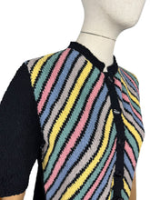 Load image into Gallery viewer, Original 1940's Black Chevron Stripe Cardigan in Boucle Wool in Yellow, Grey, Blue, Pink and Green - Bust 36 38 *
