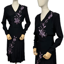 Load image into Gallery viewer, Original 1940's Black Satin Backed Crepe Long Sleeved Cocktail Dress with Lilac Purple Floral Silk Embroidery - Bust 36 38 *