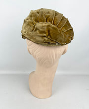 Load image into Gallery viewer, Original 1950's Padded Clam Shell Hat in Old Gold Velvet and with Sequin Trim *