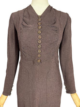 Load image into Gallery viewer, Original 1930's Dark Brown Satin Backed Crinkle Crepe Day Dress with Glass Buttons - Bust 32 34