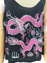 Load image into Gallery viewer, Original 1920's Black Pure Silk Top with Vibrant Silk Embroidery of Chinese Dragons in Pink and Blue - Bust 36 *