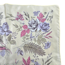 Load image into Gallery viewer, Original 1950's Pale Yellow Silk Crepe Scarf with Roses and Flowers Print in Pink and Green - Great Headscarf