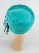 Load image into Gallery viewer, Original 1950's Bright Turquoise Blue Felt High Hat with Velvet Trim *