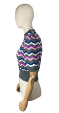 Load image into Gallery viewer, Reproduction 1940’s Hand Knitted Feather and Fan Striped Jumper in Grey, White, Blue and Pink - Bust 36 38