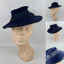 Load image into Gallery viewer, Original 1940's Midnight Blue Felt Tilt Hat with Grosgrain Trim