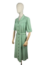Load image into Gallery viewer, Original 1940's White and Green Candy Stripe Heavy Linen Button Front Belted Day Dress - Bust 40 42 *