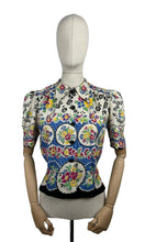 Load image into Gallery viewer, Reproduction 1940's Cotton Boarder Print Blouse in Bold Floral in Black, Green, Blue, Pink, Black and Yellow - Bust 34