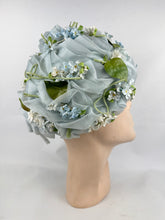 Load image into Gallery viewer, Original 1960's Blue Nylon Hat with White, Blue and Green Floral Trim