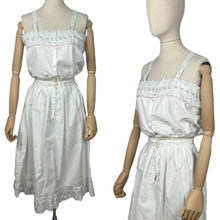 Load image into Gallery viewer, Antique Edwardian Combination Petticoat and Chemise Set in White Cotton with Pretty Silk Embroidery in Pink, Green and Blue
