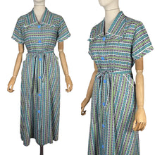 Load image into Gallery viewer, Original 1950's Australian Made Bright Floral Stripe Cotton Belted Day Dress in Green, Blue, Pink, Black and White - Bust 38 40 *