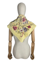 Load image into Gallery viewer, Original 1950's Pale Yellow Silk Crepe Scarf with Roses and Flowers Print in Pink and Green - Great Headscarf