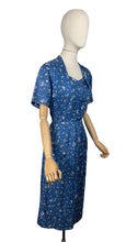 Load image into Gallery viewer, Original 1950's Blue Silk Wiggle Dress with Floral Print in White and Black - Bust 36 *