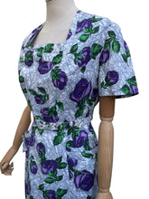 Load image into Gallery viewer, Original 1940’s 1950’s Belted Rose Print Cotton Day Dress in Grey, Purple and Green - Bust 40