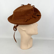 Load image into Gallery viewer, Original 1940's Rust Felt Tilt Topper Hat Trimmed with Large Felt Leaves and with a Neat Tie Back *