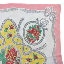 Load image into Gallery viewer, Charming Original 1940's or 1950's Silk Crepe Scarf in Pink, White, Red, Yellow and Green with Flowers and Bow Print - Great Headscarf