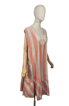 Load image into Gallery viewer, Original 1920's Volup Stripe Cotton and Lace Dress in White, Black and Orange - Bust 46