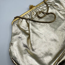 Load image into Gallery viewer, 1950's or 1960's RFC Bright Gold Leather Evening Bag with Snake Chain and Faux Pearl Clasp
