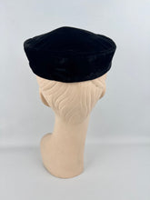 Load image into Gallery viewer, Original 1950's Inky Black Cotton Velvet Cocktail Hat with Faux Pearl Trim - Great Evening Hat