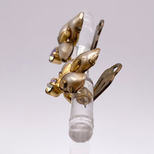Load image into Gallery viewer, Vintage Flower Clip on Earrings with Trio of Gold Pearl Petals and Aurora Borealis Paste