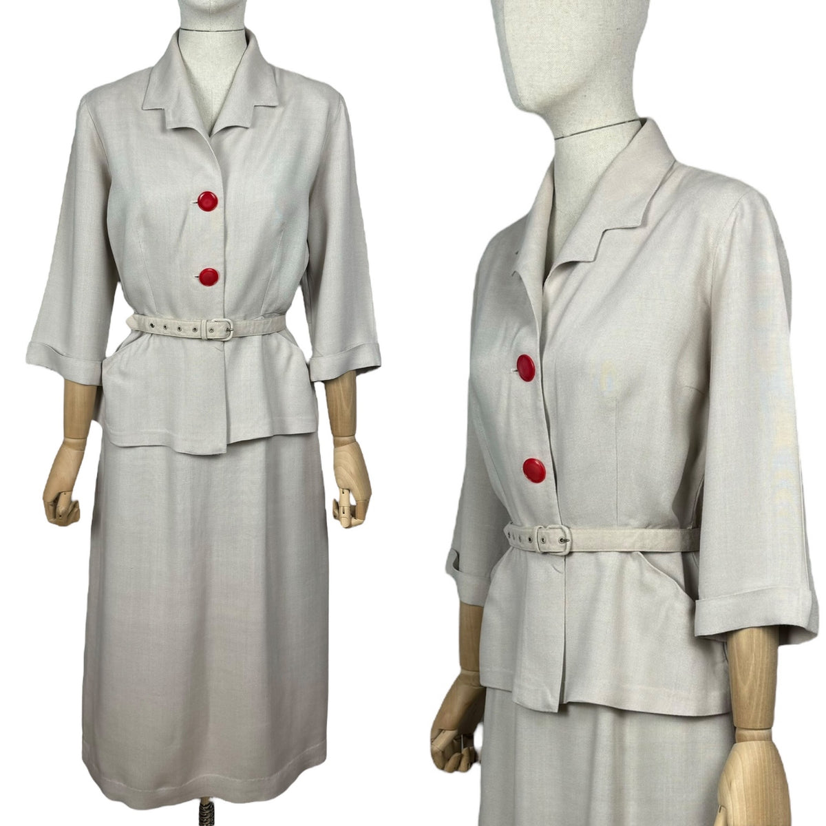 Original 1940's Beige Lightweight Wool Belted Summer Suit with Bright