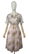 Load image into Gallery viewer, Original 1950's Pretty Pale Pink Nylon Dress with Floral Print in Blue, Yellow and White - Bust 36 37
