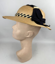 Load image into Gallery viewer, Original 1930's Natural Straw Hat with Navy and Ivory Grosgrain Trim