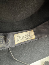 Load image into Gallery viewer, Original 1940's Inky Black Felt Topper hat by Harrods with Grosgrain Bow Trim *