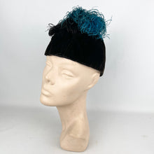 Load image into Gallery viewer, Fabulous Original 1930's Dark Brown Velvet Hat with Ostrich Feather Plume Trim in Blue and Black *