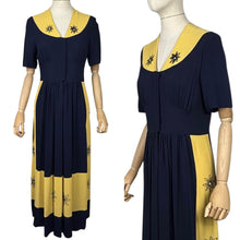 Load image into Gallery viewer, Stunning Original 1940's Navy and Butter Yellow Colour Block Crepe Dress with Floral Embroidery - Bust 34 35 *