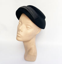 Load image into Gallery viewer, Original 1950's Inky Black Felt Hat with Pleated Satin Trim - Classic Mid Century Piece
