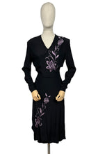 Load image into Gallery viewer, Original 1940's Black Satin Backed Crepe Long Sleeved Cocktail Dress with Lilac Purple Floral Silk Embroidery - Bust 36 38 *