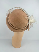 Load image into Gallery viewer, Original 1950's Light Brown Felt Hat with Half Face Net and Fluffy Feather Trim *