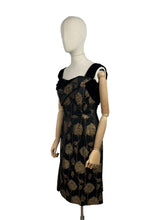 Load image into Gallery viewer, Original 1950's Elizabeth Henry of London Black and Metallic Gold Wiggle Cocktail Dress with Back Drapes - Bust 36