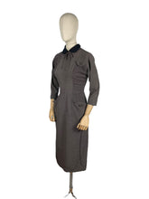 Load image into Gallery viewer, Original 1950's Grey Wiggle Dress with Black Accent Collar and Bow Trim at the Neck - Bust 34