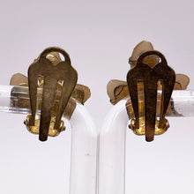 Load image into Gallery viewer, Vintage Flower Clip on Earrings with Trio of Gold Pearl Petals and Aurora Borealis Paste
