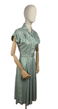 Load image into Gallery viewer, Original 1950's St Michael Sage Green Artificial Silk Belted Day Dress with Pretty Floral Print in Pink, Yellow and White - Bust 34 36 *