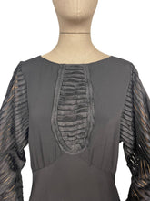Load image into Gallery viewer, Original 1930's Black Bias Cut Dress with Cold Shoulder Ribbon Work Sleeves - Bust 34 36 38