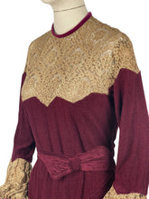 Load image into Gallery viewer, Absolutely Stunning Original 1930's Burgundy Chenille Dress With Bow Belt, Pointed Lace Yoke and Full Sleeves - Bust 34 35